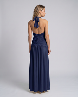 Rosalyn halter maxi dress in Navy Blue, back view with halter tie and open back