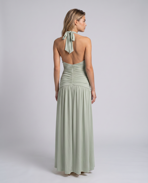 Rosalyn halter maxi dress in Sage Green, back view with halter tie and open back