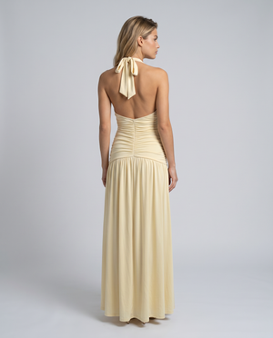 Rosalyn halter maxi dress in Yellow, back view with halter tie and open back