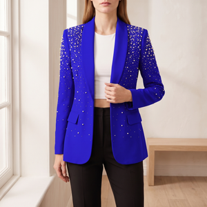 Adrienne pearl detail blazer in Blue worn open by a window