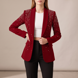 Adrienne pearl detail blazer in Red on a light gray studio backdrop