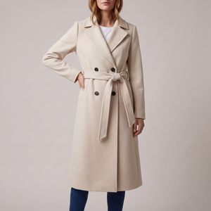 Agathe long double breasted coat in Cream on a light gray studio backdrop