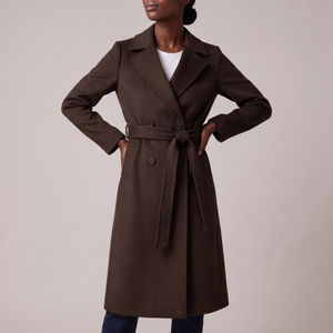Agathe long double breasted coat in Dark Brown on a light gray studio backdrop