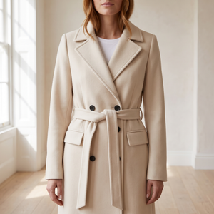 Close view of the Agathe long double breasted coat in Cream from the front, showing the tie belt and flap pockets