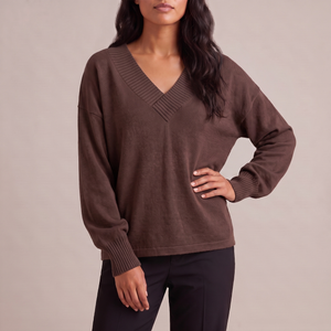 Annabel cashmere V neck sweater in Brown on a light gray studio backdrop