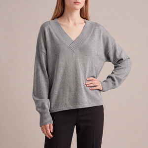 Annabel cashmere V neck sweater in Gray on a light gray studio backdrop
