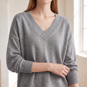 Annabel cashmere V neck sweater in Gray showing the wide ribbed V neckline