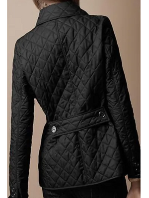 Belinda quilted jacket in Black, back view with the buttoned tab across the waist