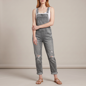 Bianca denim overalls in Gray on a light gray studio backdrop