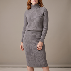 Bonnie ribbed knit set in Gray, turtleneck sweater and pencil skirt on a light gray studio backdrop