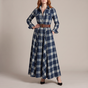 Capucine plaid maxi shirt dress in Blue on a light gray studio backdrop