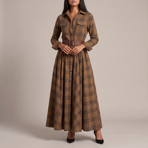 Capucine plaid maxi shirt dress in Brown on a light gray studio backdrop
