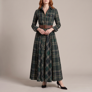 Capucine plaid maxi shirt dress in Green on a light gray studio backdrop