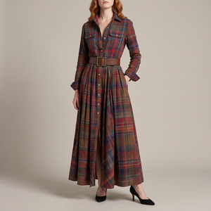 Capucine plaid maxi shirt dress in Red on a light gray studio backdrop