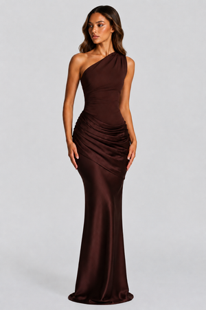 Cecily one shoulder satin maxi dress in Brown