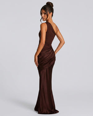 Back view of the Cecily dress in Brown
