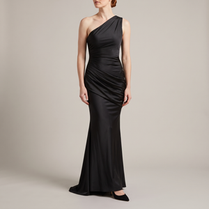 Cecily one shoulder satin maxi dress in Black on a light gray studio backdrop