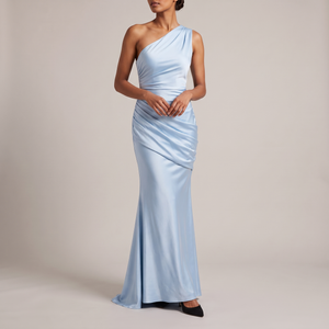 Cecily one shoulder satin maxi dress in Light Blue on a light gray studio backdrop
