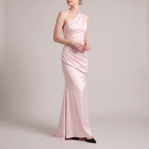 Cecily one shoulder satin maxi dress in Light Pink on a light gray studio backdrop