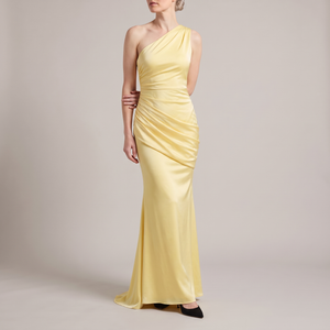 Cecily one shoulder satin maxi dress in Yellow on a light gray studio backdrop