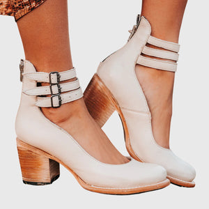 Clarisse block heel pumps in Ivory, showing the back zip