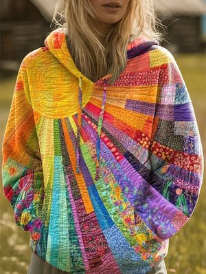 Clemency patchwork sun hoodie worn outdoors