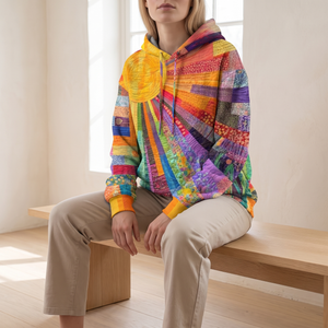 Clemency patchwork sun hoodie worn seated on an oak bench