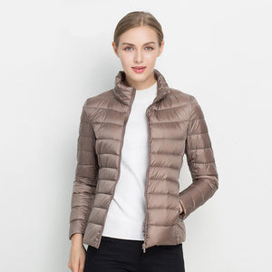 Clementine quilted down jacket in Taupe, front view