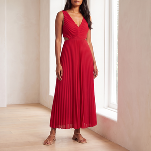 Cristina pleated maxi dress in Red, full length by a tall window