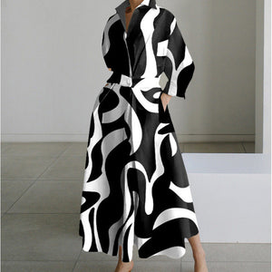 Eliza maxi shirt dress in Black Wave Print