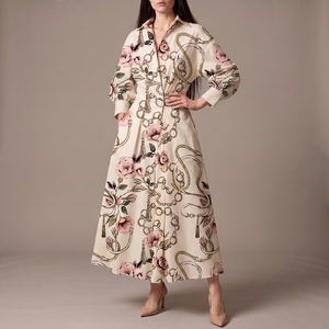 Eliza maxi shirt dress in Gold Chain Print on a light gray studio backdrop