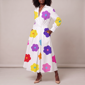 Eliza maxi shirt dress in White Floral on a light gray studio backdrop