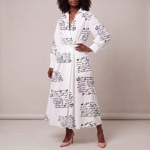 Eliza maxi shirt dress in White Letter Print on a light gray studio backdrop