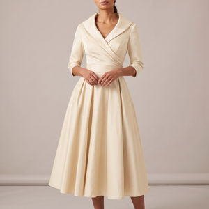 Eloise wrap midi dress in Beige on a light gray studio backdrop