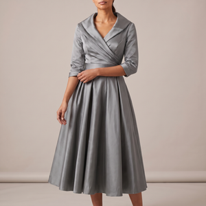 Eloise wrap midi dress in Gray on a light gray studio backdrop