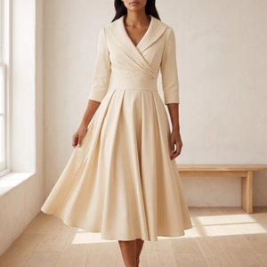 Woman walking in the Beige Eloise midi dress, the full pleated skirt swinging