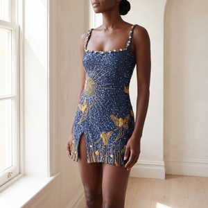 Elsie butterfly sequin mini dress by a window in a bright room with plaster walls