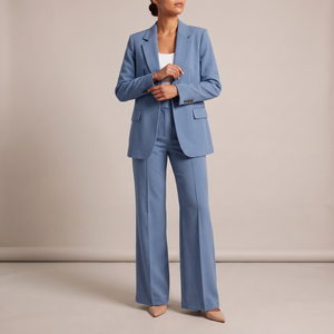 Eudora blazer and wide leg pants set in Blue on a light gray studio backdrop