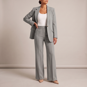 Eudora blazer and wide leg pants set in Gray on a light gray studio backdrop
