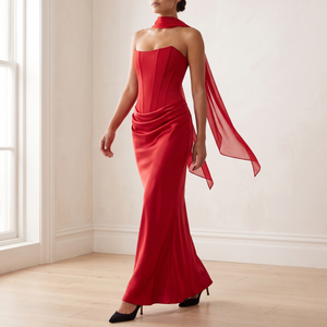 Faustine strapless maxi dress in Red with the sheer scarf trailing as she walks