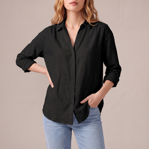 Francesca linen blend button down shirt in Black on a light gray studio backdrop