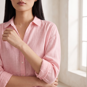 Francesca linen blend button down shirt in Pink, close detail of the collar and rolled cuff in a bright room
