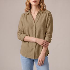 Francesca linen blend button down shirt in Khaki on a light gray studio backdrop
