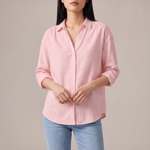 Francesca linen blend button down shirt in Pink on a light gray studio backdrop