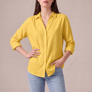 Francesca linen blend button down shirt in Yellow on a light gray studio backdrop