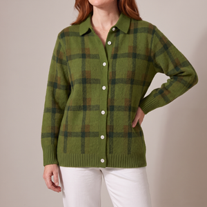 Francine plaid button front cardigan in Green on a light gray studio backdrop