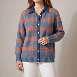 Francine plaid button front cardigan in Blue and Orange on a light gray studio backdrop