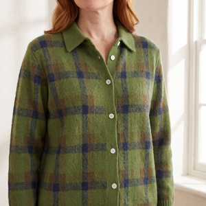 Close view of the shirt collar and button front on the Francine cardigan in Green