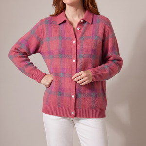 Francine plaid button front cardigan in Pink on a light gray studio backdrop