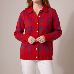 Francine plaid button front cardigan in Red on a light gray studio backdrop